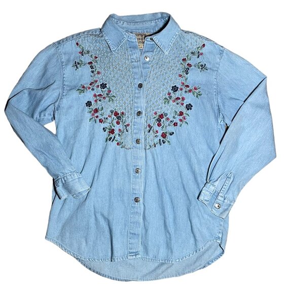 VTG Floral Embroidered Blue Long Sleeve Collared Button Up Top Small - Picture 1 of 10